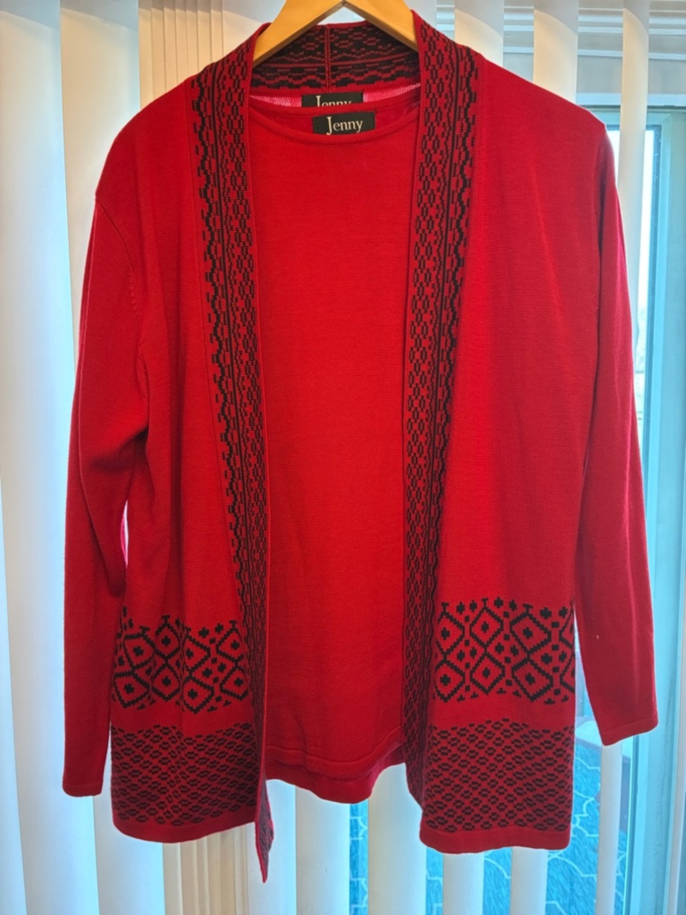 Red Open-Front 2 piece Cardigan Sweater Set with Contrasting  Black Trim